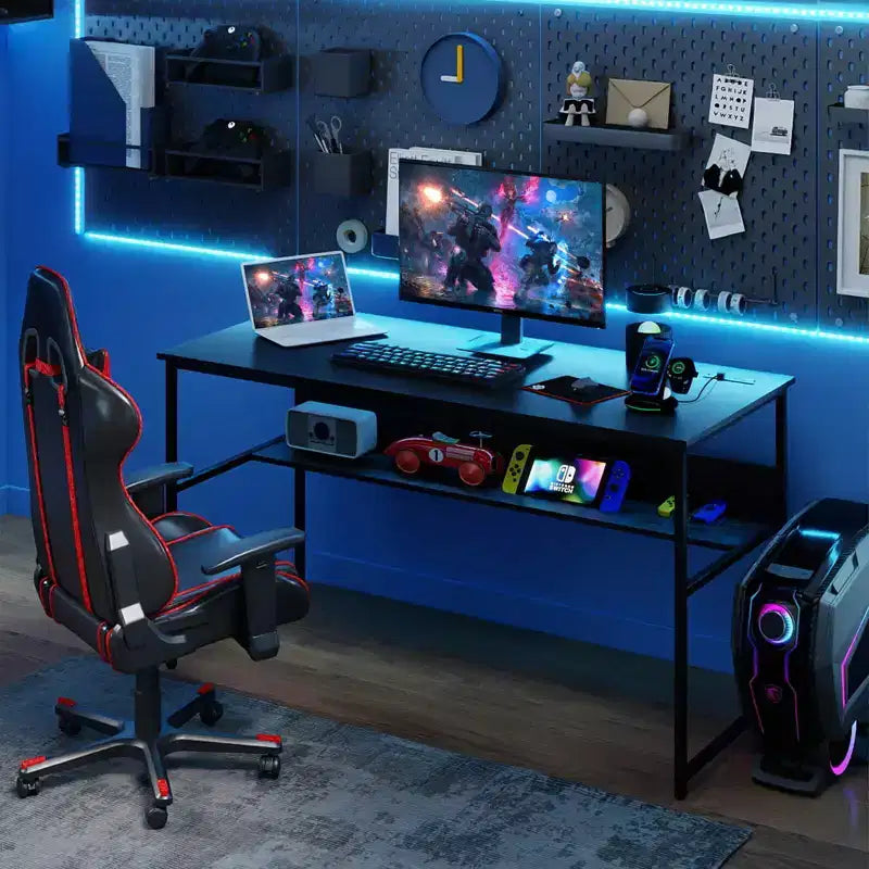 Costway 55 x 24 Computer Desk with Power Outlets & USB Ports, Storage Shelf, Metal Frame Black/Brown