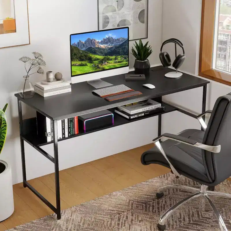 Costway 55 x 24 Computer Desk with Power Outlets & USB Ports, Storage Shelf, Metal Frame Black/Brown