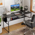 Costway 55 x 24 Computer Desk with Power Outlets & USB Ports, Storage Shelf, Metal Frame Black/Brown