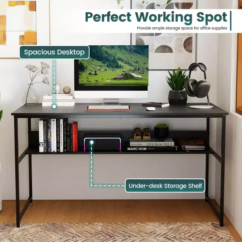 Costway 55 x 24 Computer Desk with Power Outlets & USB Ports, Storage Shelf, Metal Frame Black/Brown