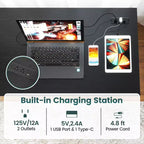 Costway 55 x 24 Computer Desk with Power Outlets & USB Ports, Storage Shelf, Metal Frame Black/Brown