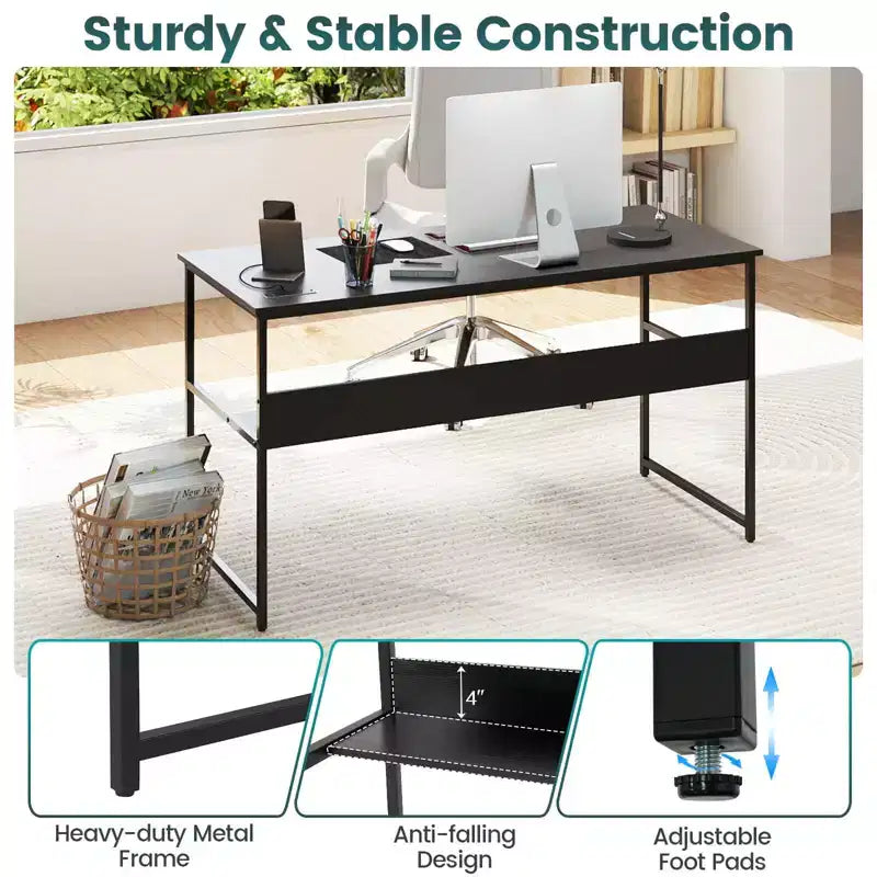 Costway 55 x 24 Computer Desk with Power Outlets & USB Ports, Storage Shelf, Metal Frame Black/Brown