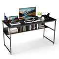 Costway 55 x 24 Computer Desk with Power Outlets & USB Ports, Storage Shelf, Metal Frame Black/Brown