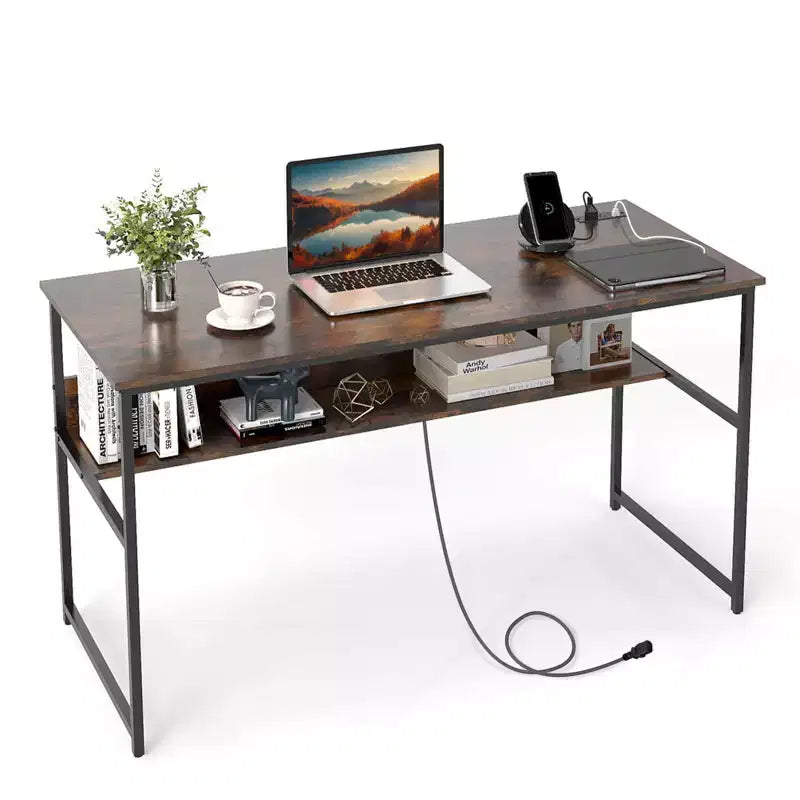 Costway 55 x 24 Computer Desk with Power Outlets & USB Ports, Storage Shelf, Metal Frame Black/Brown