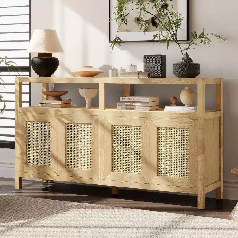 Madia buffet Boho in rattan, credenza in legno massello con ante a spinta e ripiano regolabile - Panipeachy
