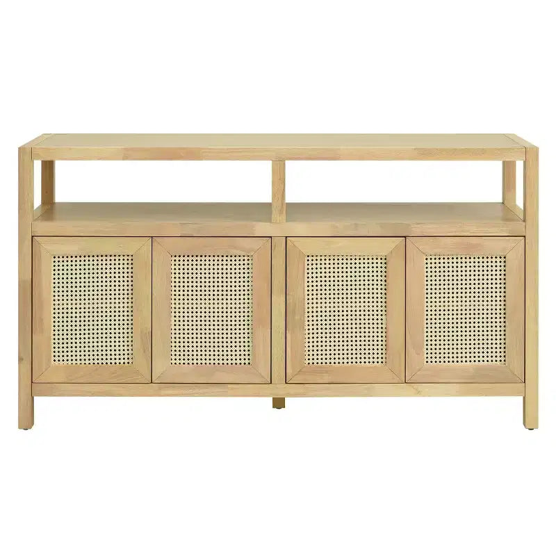 Madia buffet Boho in rattan, credenza in legno massello con ante a spinta e ripiano regolabile - Panipeachy