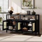 Madia buffet Boho in rattan, credenza in legno massello con ante a spinta e ripiano regolabile - Panipeachy