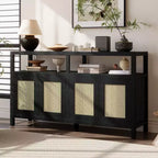 Madia buffet Boho in rattan, credenza in legno massello con ante a spinta e ripiano regolabile - Panipeachy
