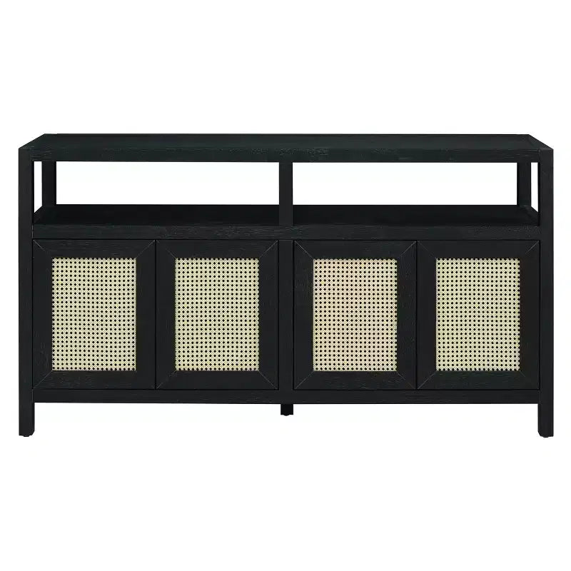 Madia buffet Boho in rattan, credenza in legno massello con ante a spinta e ripiano regolabile - Panipeachy