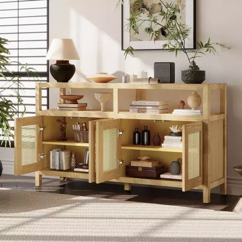 Madia buffet Boho in rattan, credenza in legno massello con ante a spinta e ripiano regolabile - Panipeachy