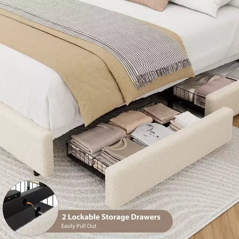 Teddy Fleece Bed Frame, Cloud Cream Bed Frame with 2 Storage Drawer and Adjustable Headboard, Soft Teddy Fabric, No Box Spring Required, Easy Assembly