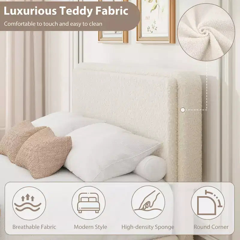 Teddy Fleece Bed Frame, Cloud Cream Bed Frame with 2 Storage Drawer and Adjustable Headboard, Soft Teddy Fabric, No Box Spring Required, Easy Assembly