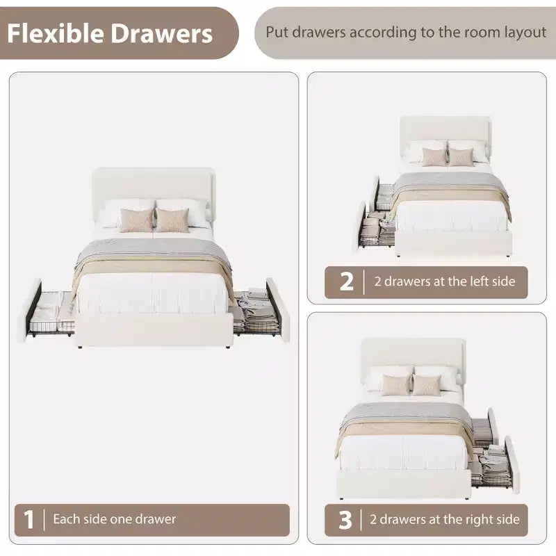 Teddy Fleece Bed Frame, Cloud Cream Bed Frame with 2 Storage Drawer and Adjustable Headboard, Soft Teddy Fabric, No Box Spring Required, Easy Assembly