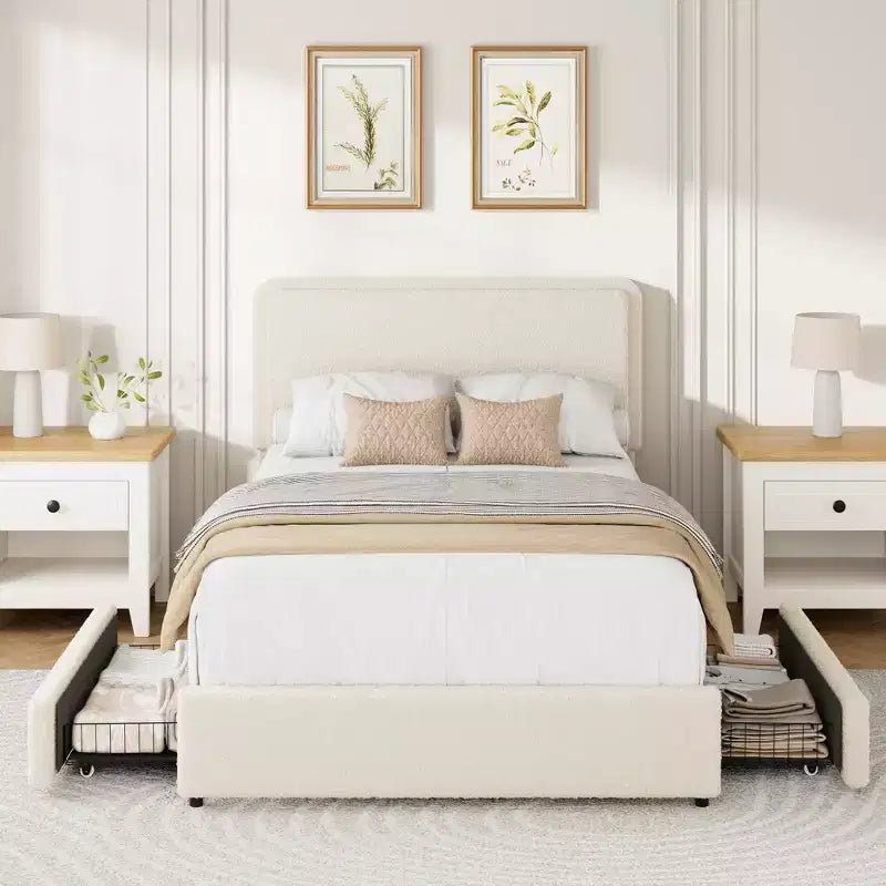 Teddy Fleece Bed Frame, Cloud Cream Bed Frame with 2 Storage Drawer and Adjustable Headboard, Soft Teddy Fabric, No Box Spring Required, Easy Assembly