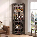 72 Tall Farmhouse Corner Bar Storage Cabinet Kitchen Cabinet with Barn Door, Acrylic Mirror, Glass Rack & Wine Storage, Walnut - ModernLuxe