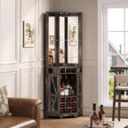 72 Tall Farmhouse Corner Bar Storage Cabinet Kitchen Cabinet with Barn Door, Acrylic Mirror, Glass Rack & Wine Storage, Walnut - ModernLuxe