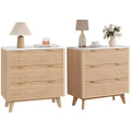 32 Fluted Nightstand Set of 2 - Oak Modern Bedside Tables with Faux Marble Top & 3 Drawers (Curved Profile End Tables for Bedroom/Living Room)