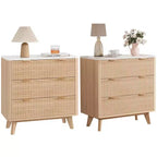 32 Fluted Nightstand Set of 2 - Oak Modern Bedside Tables with Faux Marble Top & 3 Drawers (Curved Profile End Tables for Bedroom/Living Room)