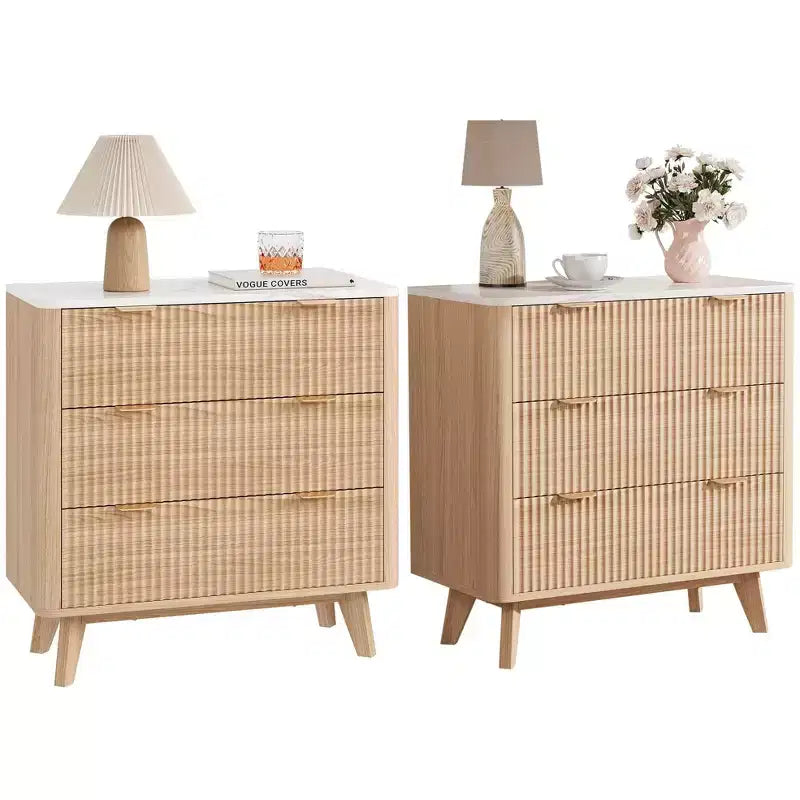 32 Fluted Nightstand Set of 2 - Oak Modern Bedside Tables with Faux Marble Top & 3 Drawers (Curved Profile End Tables for Bedroom/Living Room)