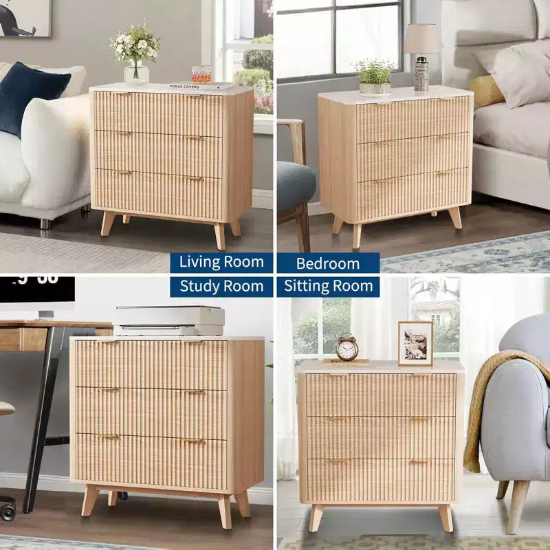 Comodino scanalato da 32" set da 2 - Comodini moderni in rovere con piano in finto marmo e 3 cassetti (tavolini curvi per camera da letto/soggiorno)