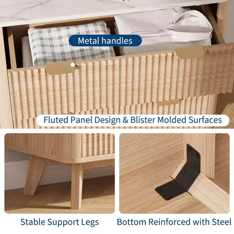 Comodino scanalato da 32" set da 2 - Comodini moderni in rovere con piano in finto marmo e 3 cassetti (tavolini curvi per camera da letto/soggiorno)
