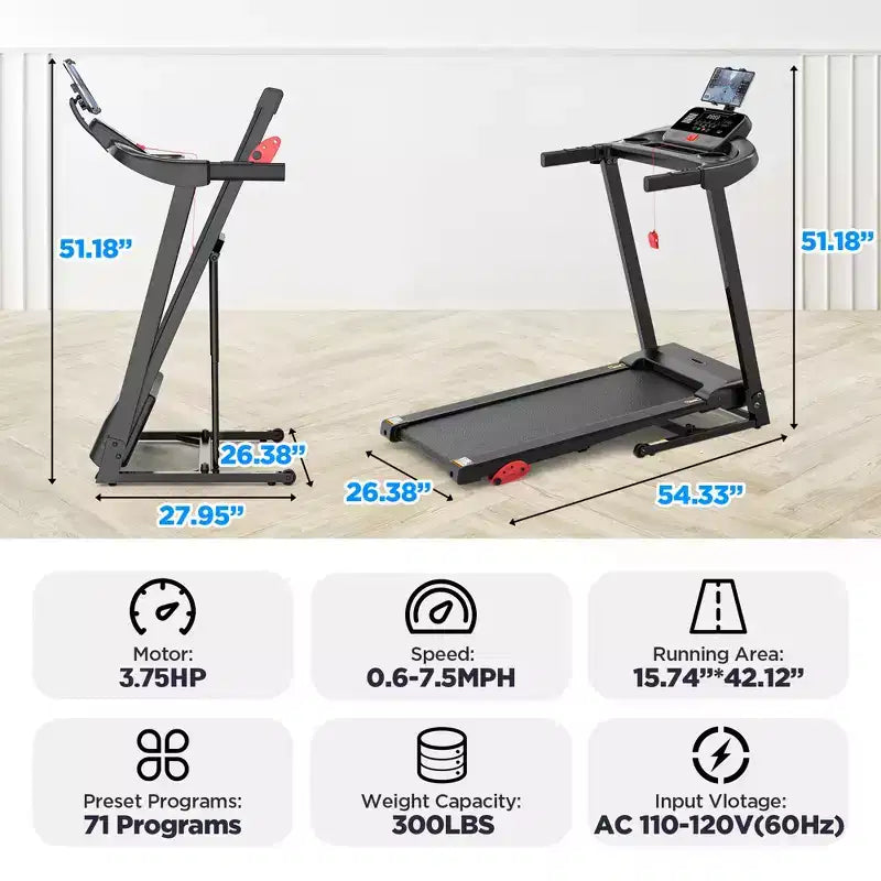Tapis Roulant Pieghevole da 3,75HP con Capacità di 136kg, Tapis Roulant Domestico con 71 Programmi e Inclinazione, Controllo APP Intelligente, Bluetooth e Altoparlanti Stereo HiFi
