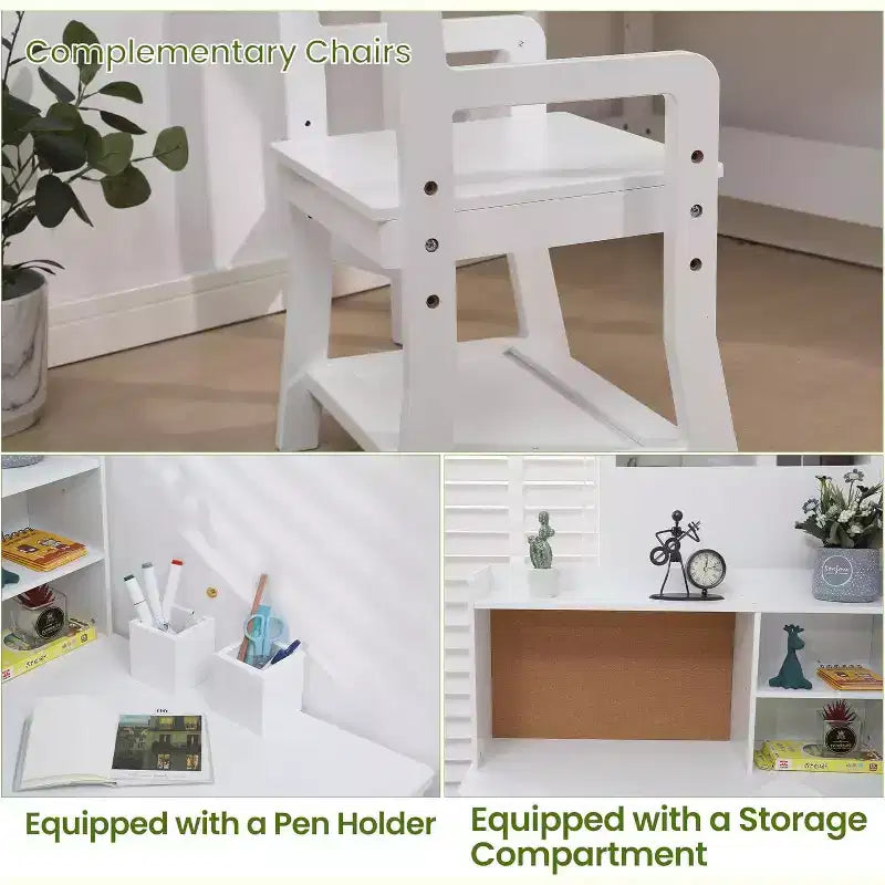 Set Scrivania e Sedia per Bambini All-in-One con Sedia Regolabile, Vetrina, Bacheca in Sughero e Organizzatori. Un Angolo Studio Compatto per la Scuola a Casa o la Camera da Letto.