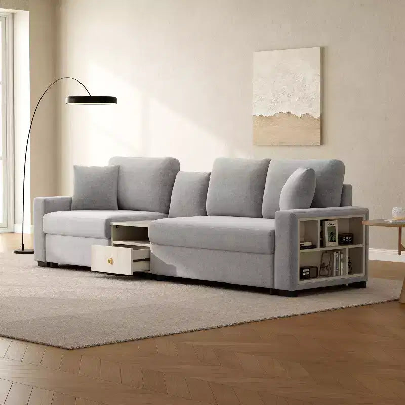 Christopher Knight Home Yira 111.8'' Modern 3-Seater Chenille Upholstered Sectional Sofa with Console, Storage Armrest and Pillows