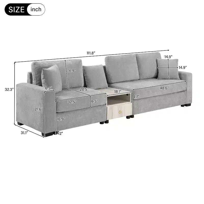 Christopher Knight Home Yira 111.8'' Modern 3-Seater Chenille Upholstered Sectional Sofa with Console, Storage Armrest and Pillows