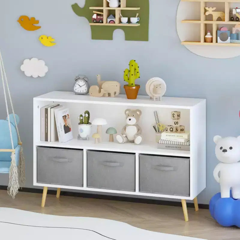 Libreria per bambini con cassetti in tessuto pieghevoli, espositore per libri per bambini, organizer armadio portaoggetti, bianco/grigio