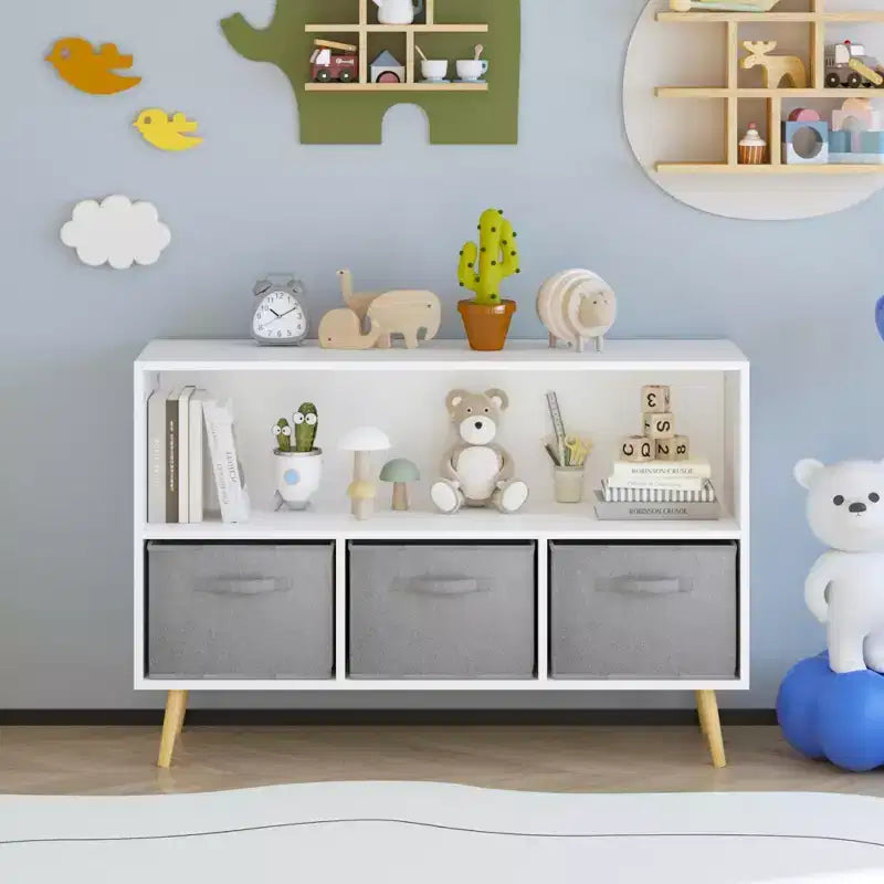 Libreria per bambini con cassetti in tessuto pieghevoli, espositore per libri per bambini, organizer armadio portaoggetti, bianco/grigio