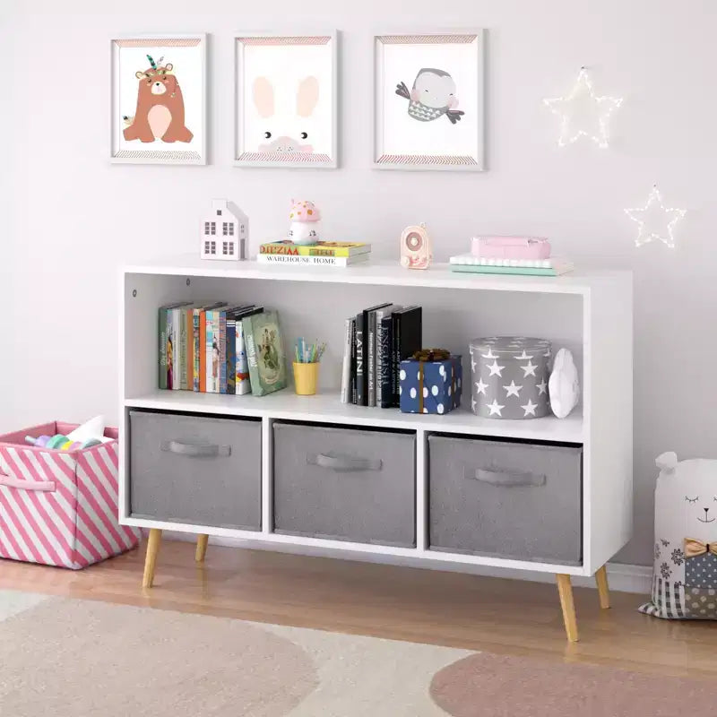 Libreria per bambini con cassetti in tessuto pieghevoli, espositore per libri per bambini, organizer armadio portaoggetti, bianco/grigio