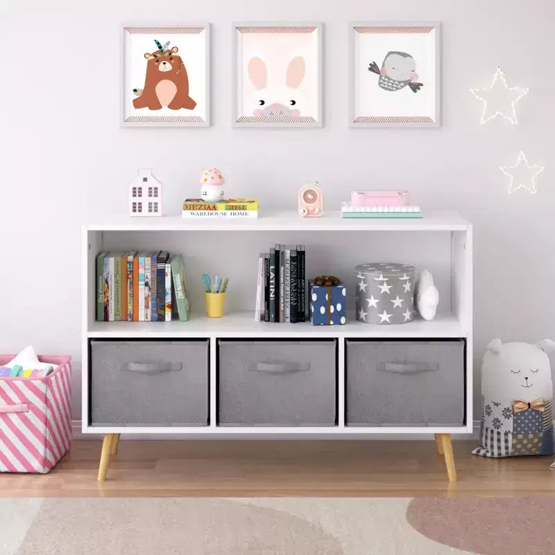 Libreria per bambini con cassetti in tessuto pieghevoli, espositore per libri per bambini, organizer armadio portaoggetti, bianco/grigio
