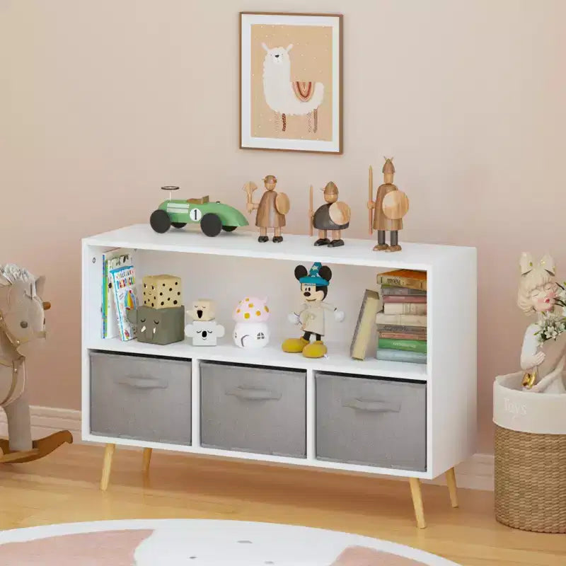 Libreria per bambini con cassetti in tessuto pieghevoli, espositore per libri per bambini, organizer armadio portaoggetti, bianco/grigio
