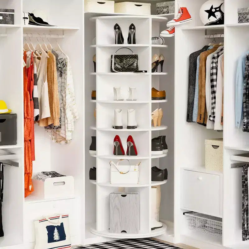 JVNOXK7-Tier Rotating Shoe Rack Tower, Freestanding 360 Rotating Storage Stand, Elevated Base Design Shoe Tower with Rotating Storage Tray - White