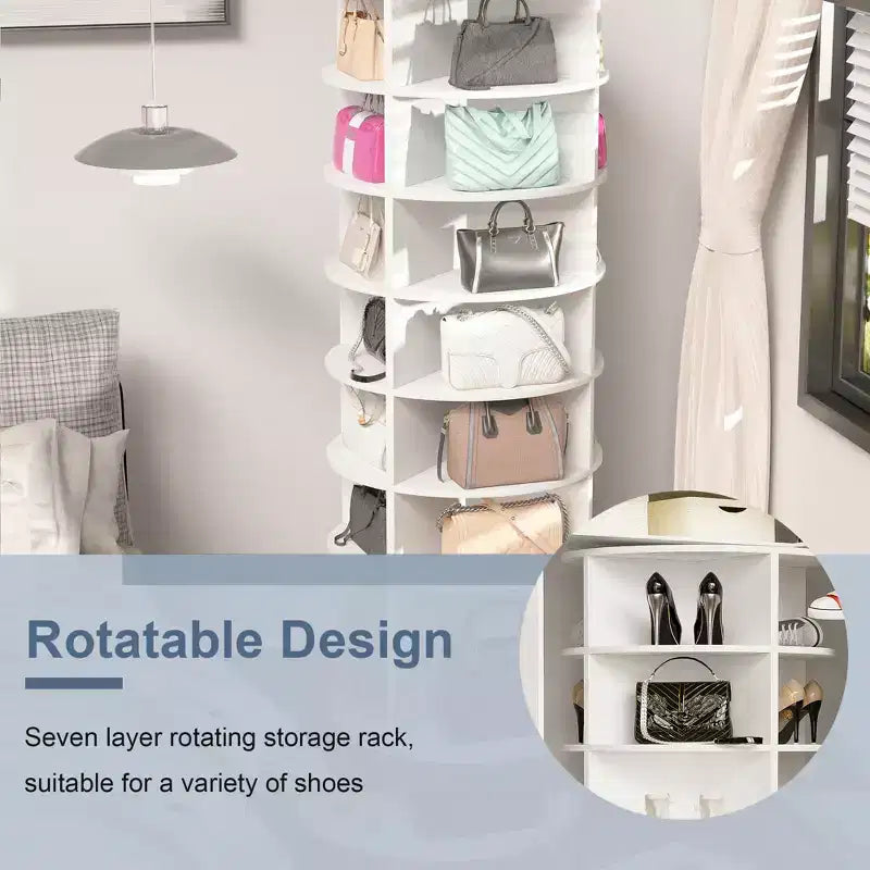 JVNOXK7-Tier Rotating Shoe Rack Tower, Freestanding 360 Rotating Storage Stand, Elevated Base Design Shoe Tower with Rotating Storage Tray - White