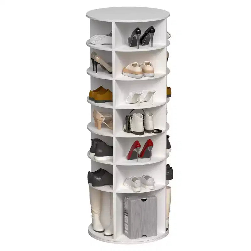 JVNOXK7-Tier Rotating Shoe Rack Tower, Freestanding 360 Rotating Storage Stand, Elevated Base Design Shoe Tower with Rotating Storage Tray - White