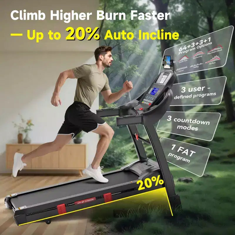 Tapis Roulant Pieghevole 3-in-1 per Casa 19 km/h, Tapis Roulant da Corsa da 4,8 HP con Inclinazione Automatica del 20%, Capacità 180 kg, 71 Programmi, Pedana Larga 45 cm, Supporto per Ginocchia