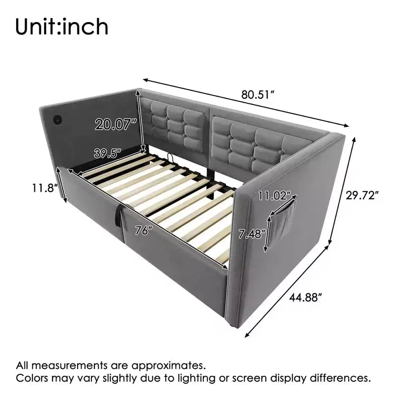 Okak Twin Size Modern Bed Frame Sofa Bed with USB & Hidden Storage,Upholstered Tufted Daybed for Bedroom,Kids Room,Study