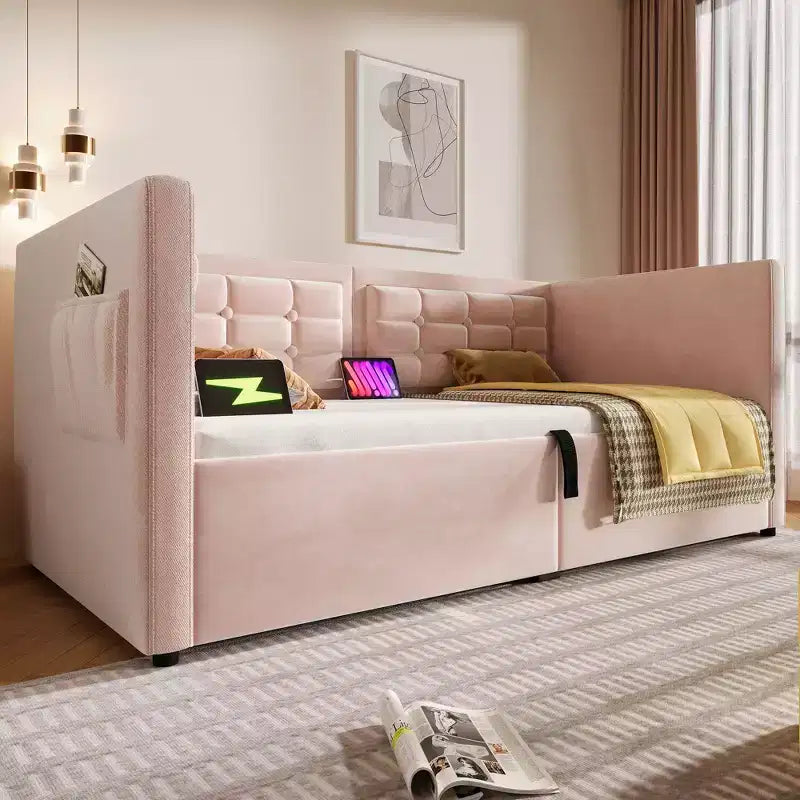 Okak Twin Size Modern Bed Frame Sofa Bed with USB & Hidden Storage,Upholstered Tufted Daybed for Bedroom,Kids Room,Study