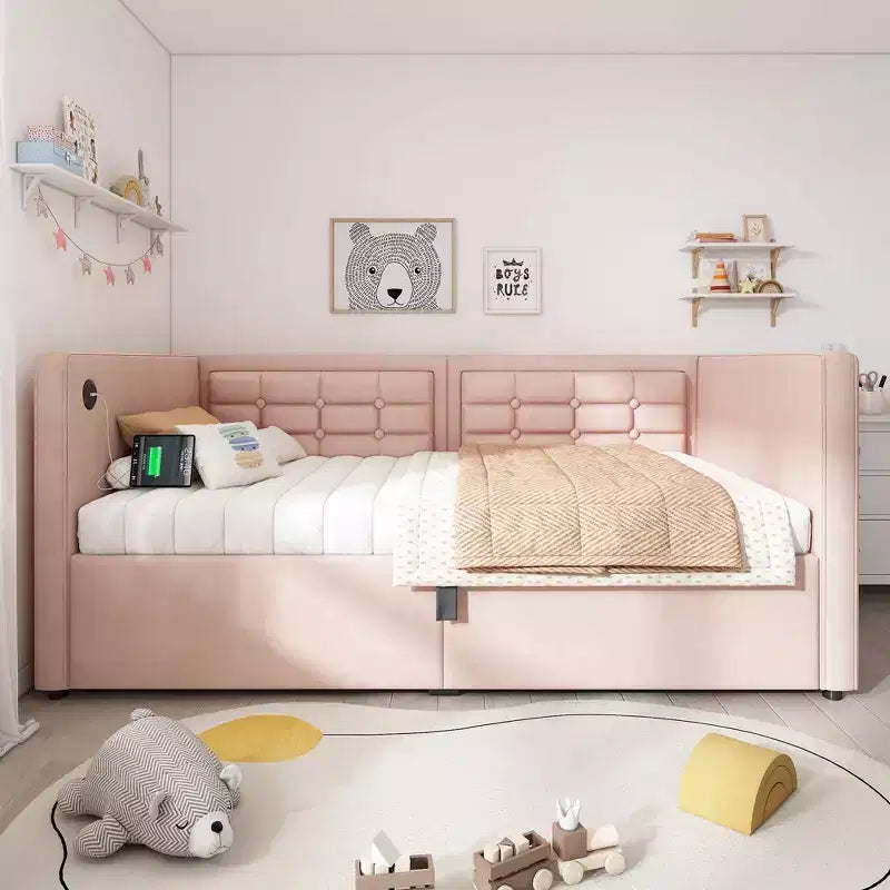 Okak Twin Size Modern Bed Frame Sofa Bed with USB & Hidden Storage,Upholstered Tufted Daybed for Bedroom,Kids Room,Study