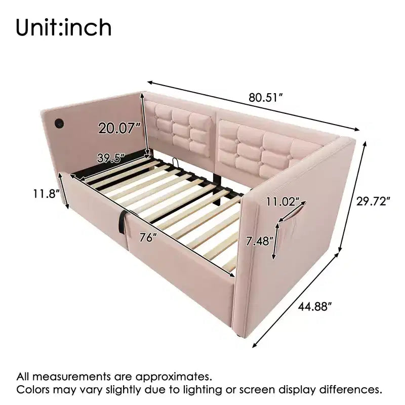 Okak Twin Size Modern Bed Frame Sofa Bed with USB & Hidden Storage,Upholstered Tufted Daybed for Bedroom,Kids Room,Study