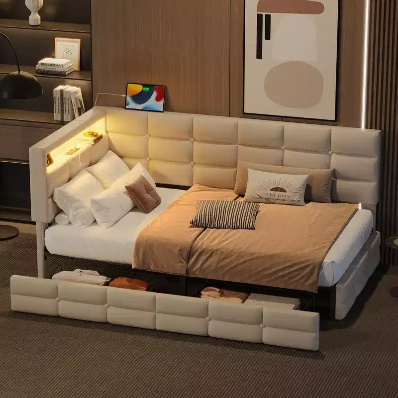 Okak Twin Size Modern Bed Frame Sofa Bed with USB & Hidden Storage,Upholstered Tufted Daybed for Bedroom,Kids Room,Study