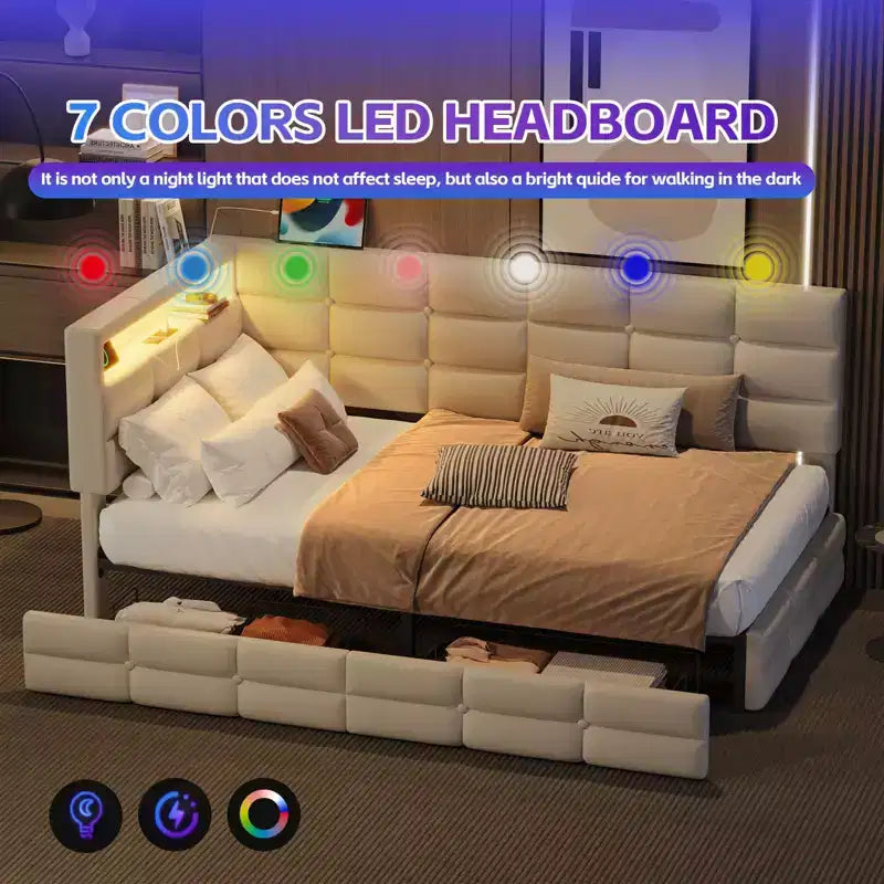 Okak Twin Size Modern Bed Frame Sofa Bed with USB & Hidden Storage,Upholstered Tufted Daybed for Bedroom,Kids Room,Study