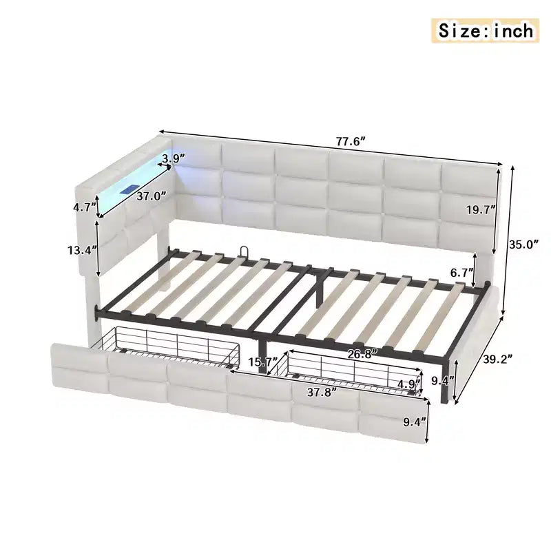 Okak Twin Size Modern Bed Frame Sofa Bed with USB & Hidden Storage,Upholstered Tufted Daybed for Bedroom,Kids Room,Study