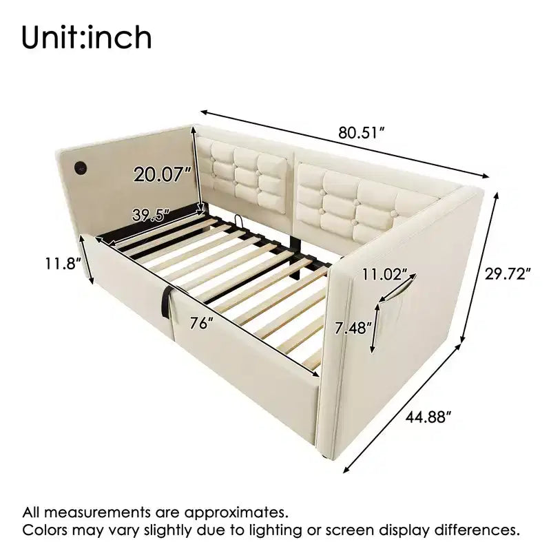 Okak Twin Size Modern Bed Frame Sofa Bed with USB & Hidden Storage,Upholstered Tufted Daybed for Bedroom,Kids Room,Study