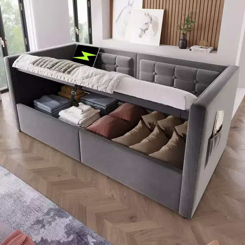 Okak Twin Size Modern Bed Frame Sofa Bed with USB & Hidden Storage,Upholstered Tufted Daybed for Bedroom,Kids Room,Study