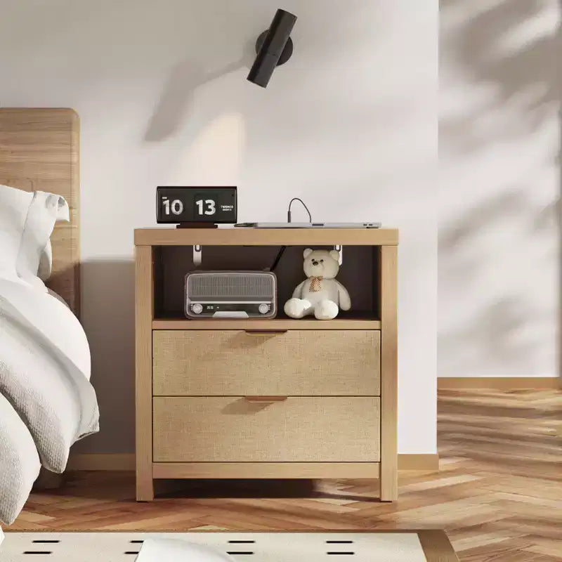 Natural Oak Nightstand With Charging Station 2 Drawer Wood Bedside Table Storage Shelf Modern Farmhouse Bedroom Furniture Accent Cabinet End Table