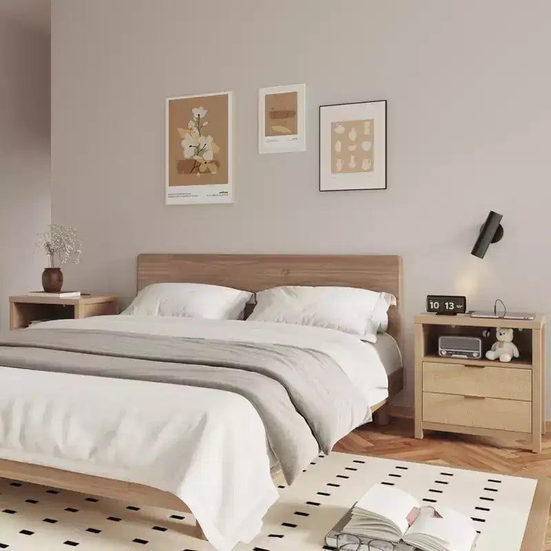 Natural Oak Nightstand With Charging Station 2 Drawer Wood Bedside Table Storage Shelf Modern Farmhouse Bedroom Furniture Accent Cabinet End Table