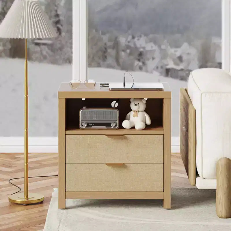 Natural Oak Nightstand With Charging Station 2 Drawer Wood Bedside Table Storage Shelf Modern Farmhouse Bedroom Furniture Accent Cabinet End Table